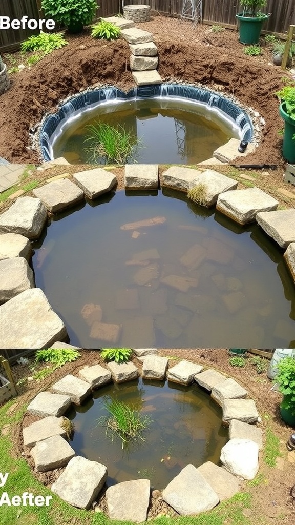 Two stages of DIY pond construction showing excavation and planting.