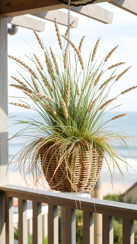 A coastal inspired hanging basket with tall grass-like plants, set against a beach background.