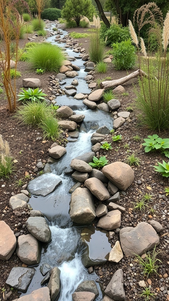 A rain garden featuring a stream with rocks and lush greenery.