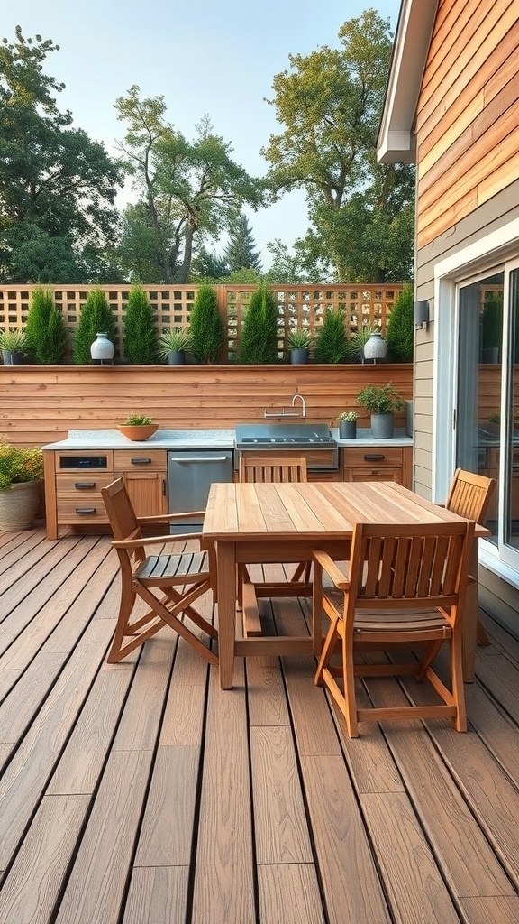 An outdoor kitchen with an integrated dining table on a wooden deck, surrounded by greenery.