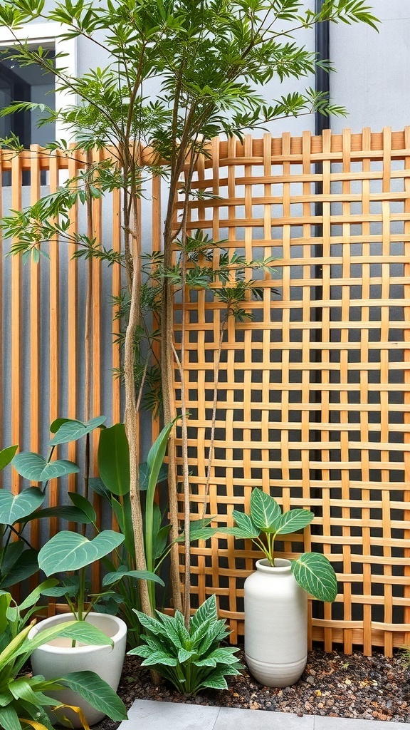A modern bamboo lattice fence with greenery and decorative planters.