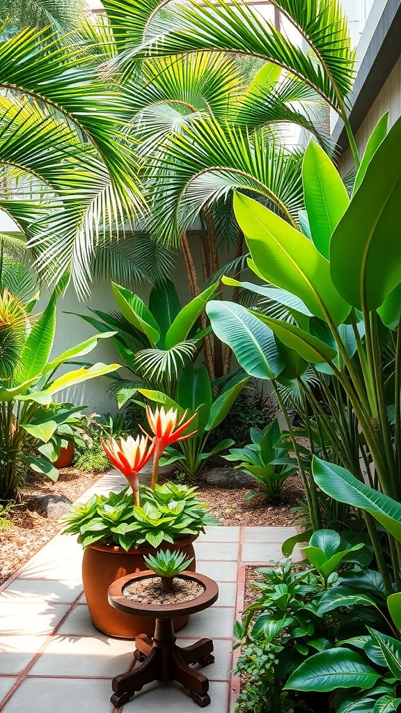 A tropical courtyard garden featuring colorful bird sculptures and lush greenery.