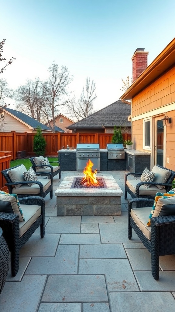 A cozy fire pit dining area with comfortable chairs and a central fire pit on a deck.