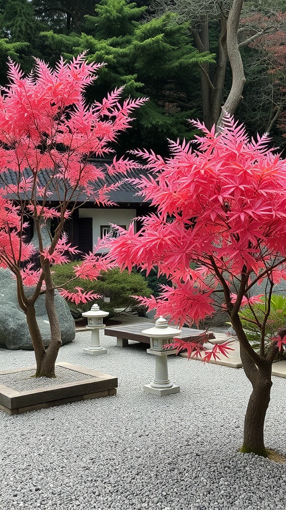 A Zen garden featuring vibrant pink Japanese maple trees, traditional lanterns, and gray gravel.