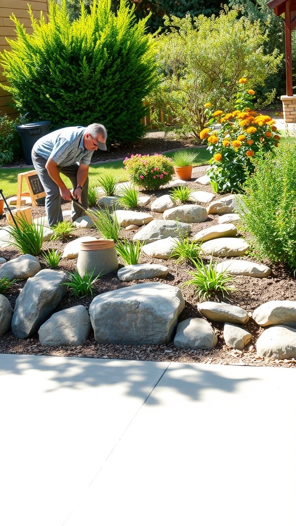 A person maintaining a rock bed in a garden with plants and flowers.