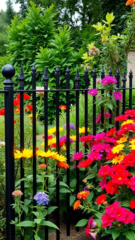 A black fence surrounded by colorful flowers in a garden.