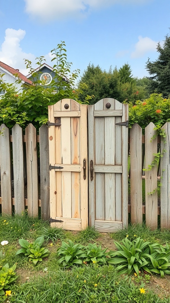 Two old barn door fence panels in a garden setting, one light wood and one weathered gray.