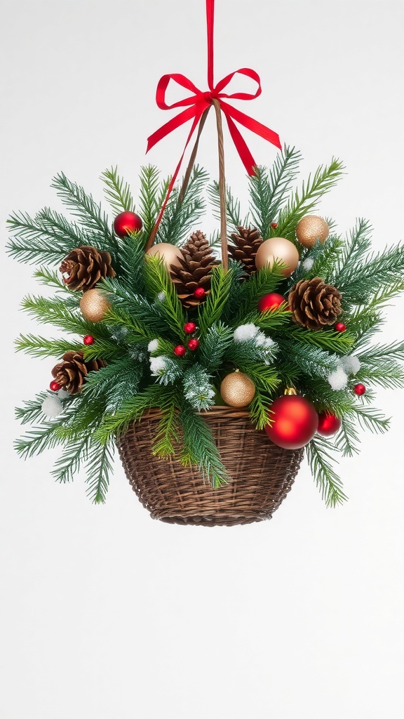 A hanging basket filled with evergreen branches, pine cones, and ornaments, decorated with a red ribbon.