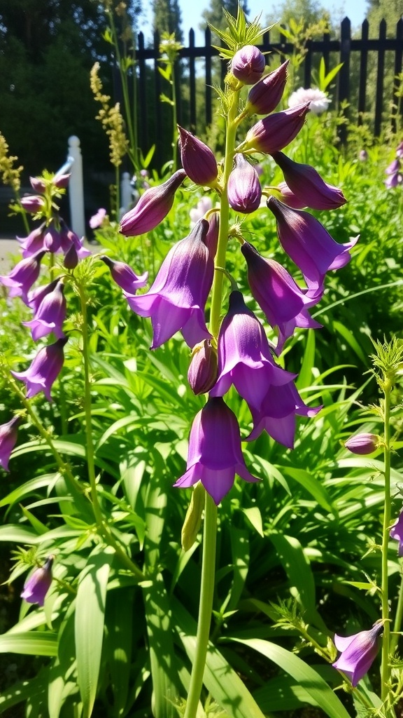 Close-up of bellflowers with purple blooms in a garden setting