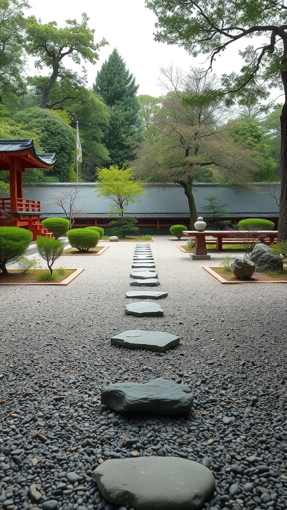 A serene Zen garden with a stone pathway leading through lush greenery.