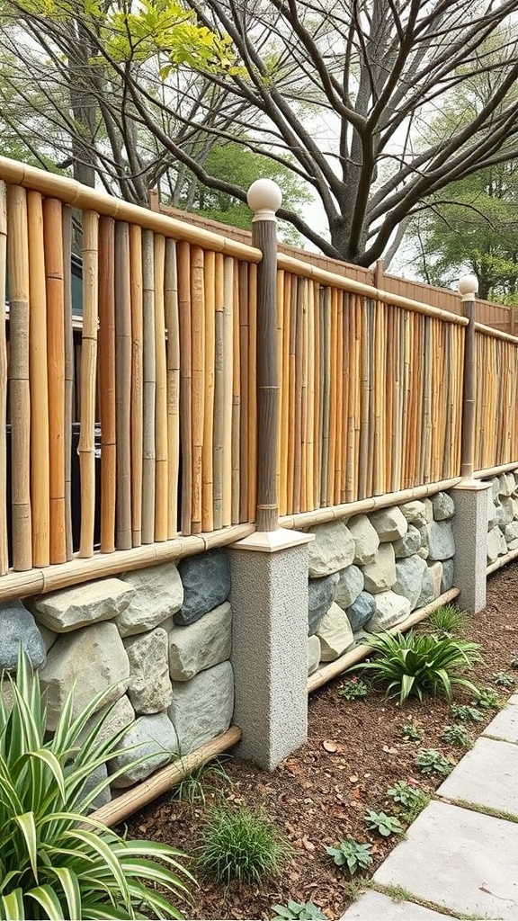 A bamboo fence combined with a stone base, surrounded by plants.