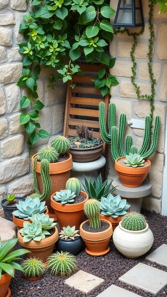 A collection of succulents and cacti in terracotta pots arranged in a small garden space.