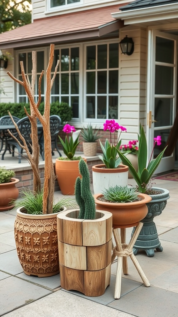 A collection of artistic planters featuring a mix of textures and plants on a patio.