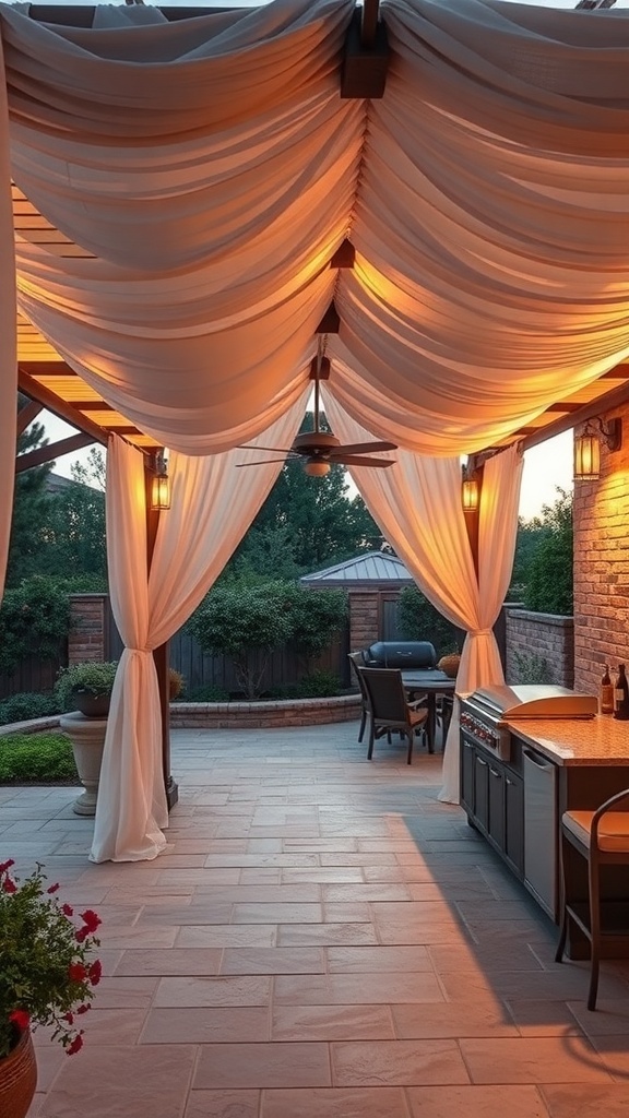 An outdoor kitchen with a pergola featuring draped fabrics and soft lighting.