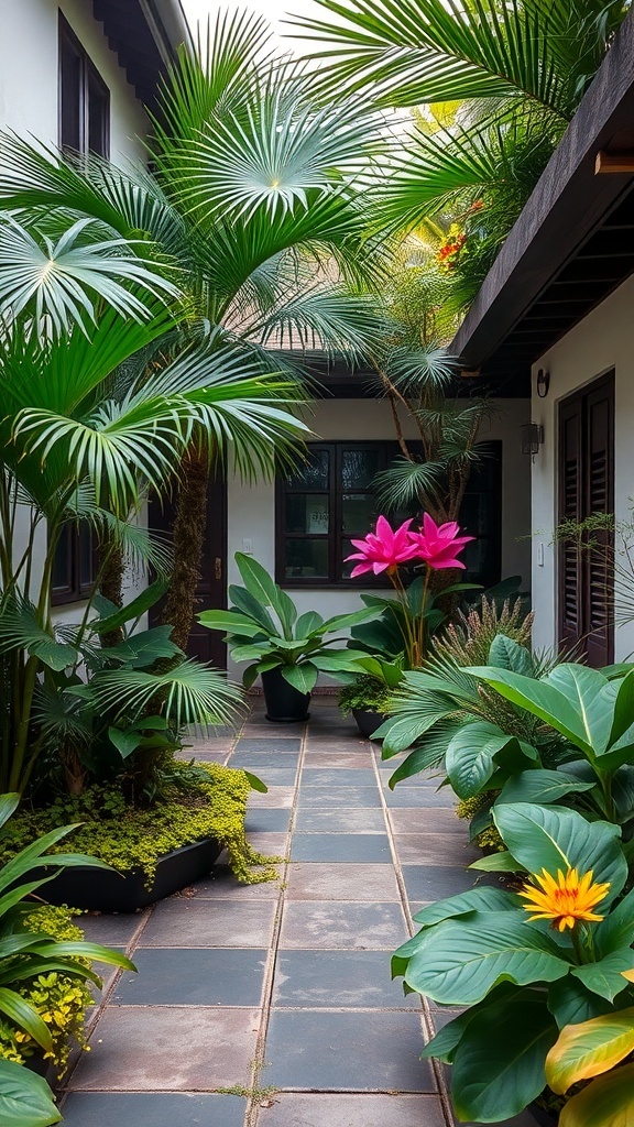A tropical courtyard garden featuring lush greenery and vibrant flowers.