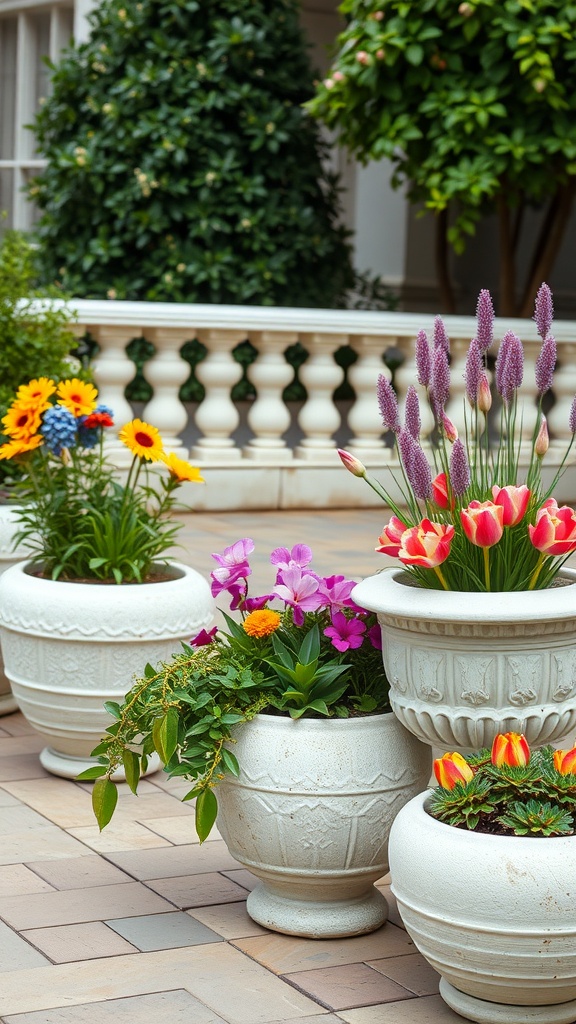 A collection of stylish white stone planters filled with colorful flowers in a garden setting.