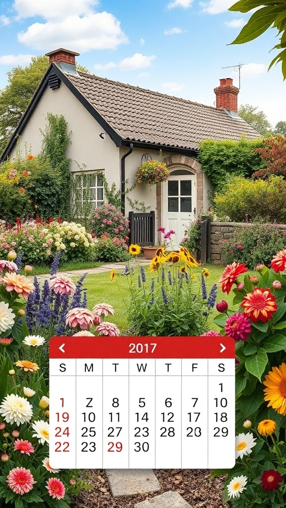 A beautiful cottage flower garden with colorful blooms and a calendar overlay.