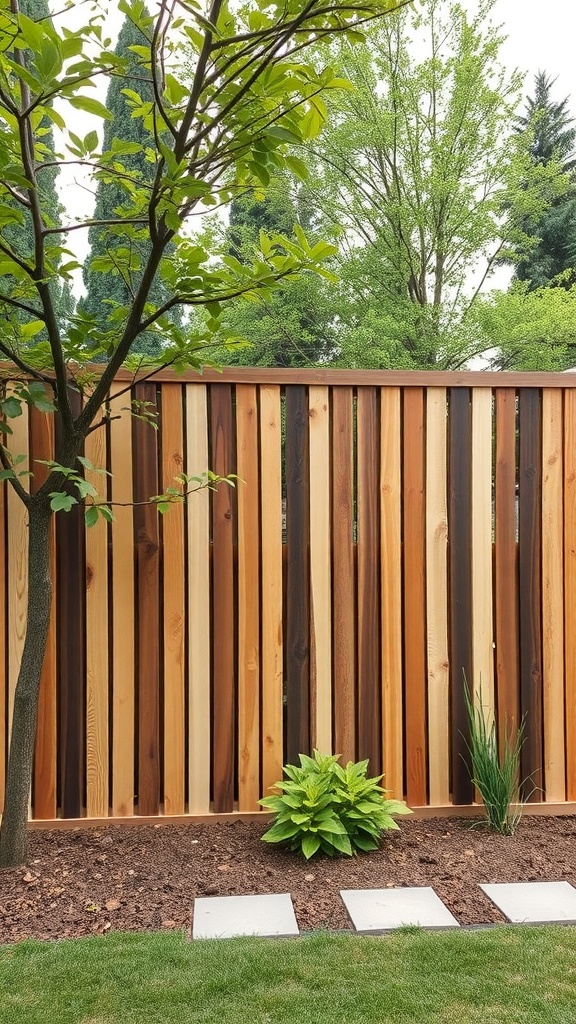 A stylish recycled wood slat fence with varying shades of wood, surrounded by greenery and plants.