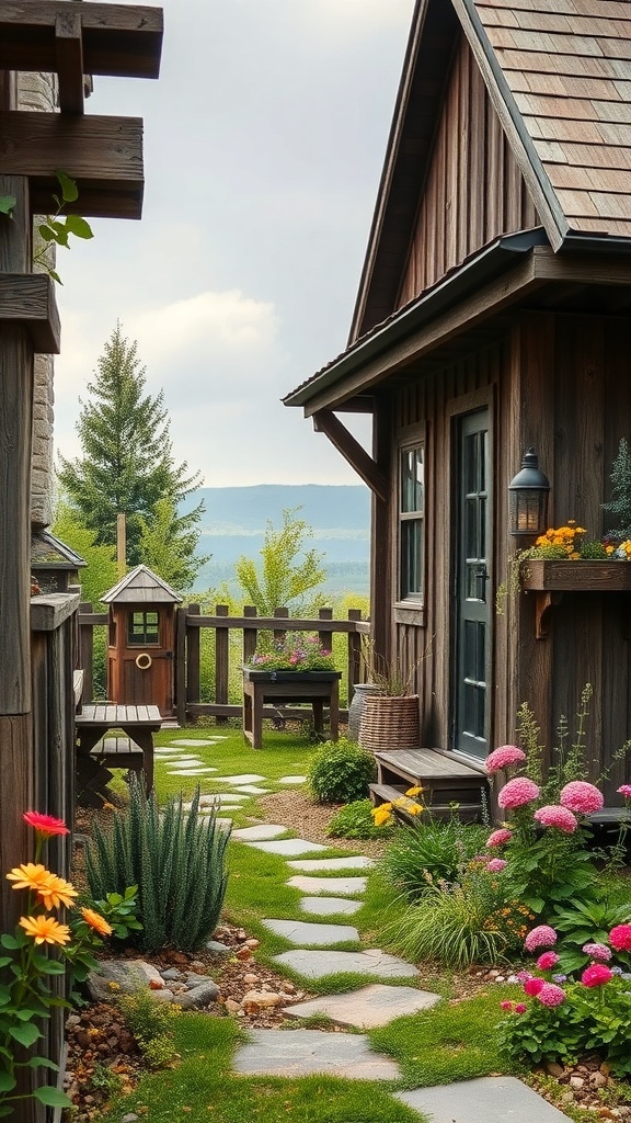 A rustic cottage garden featuring a stone pathway, colorful flowers, and wooden structures.