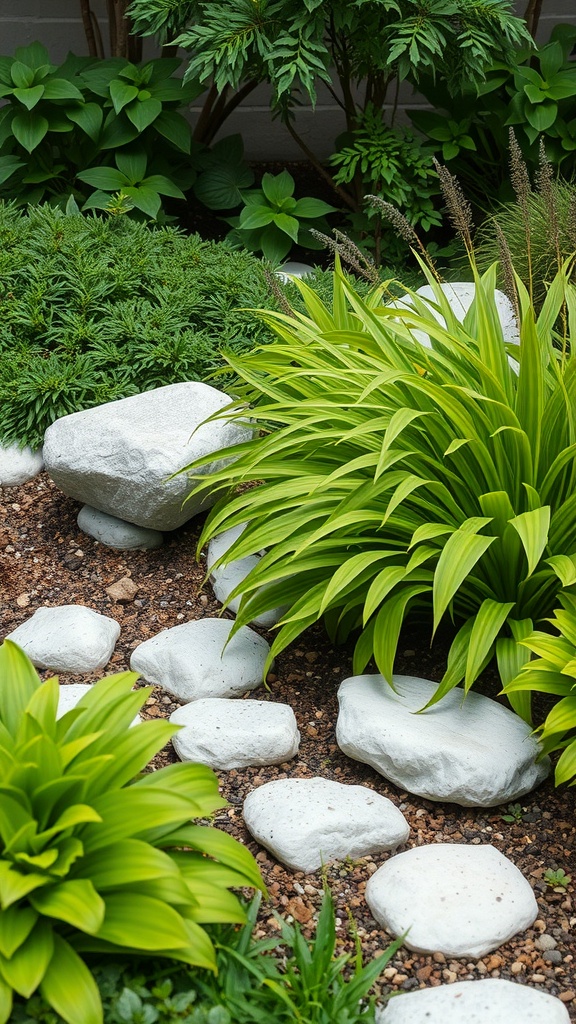 A garden featuring white stones and lush green plants, showcasing a harmonious design.
