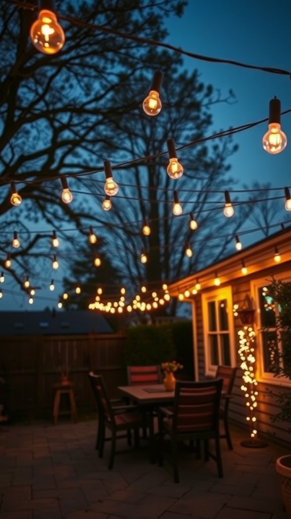 A patio with string lights overhead, creating a warm and inviting atmosphere.