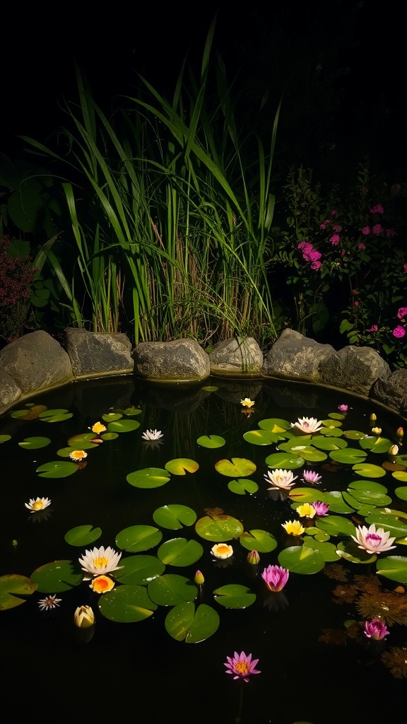 A serene garden pond at night with floating water lilies and lotus flowers surrounded by rocks and plants.