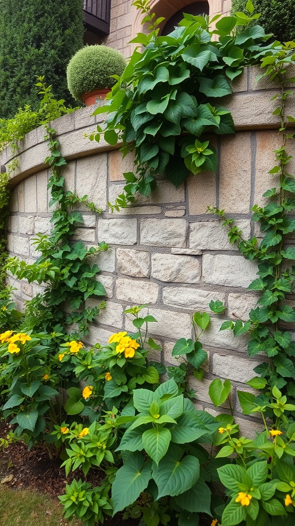 A rustic stone wall fence adorned with climbing plants and yellow flowers in a front garden.