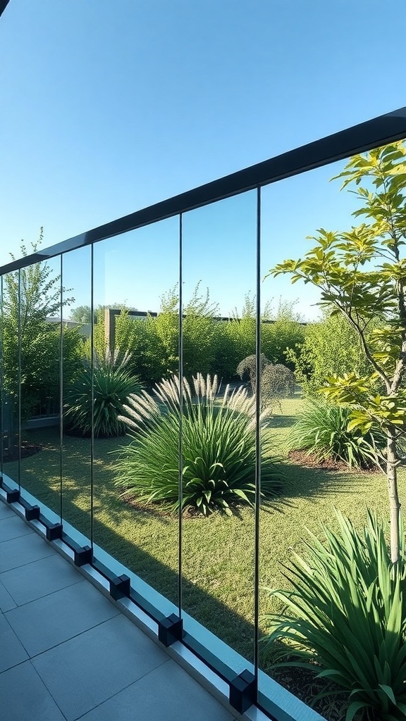 A contemporary glass fence surrounding a garden with lush greenery and decorative plants.