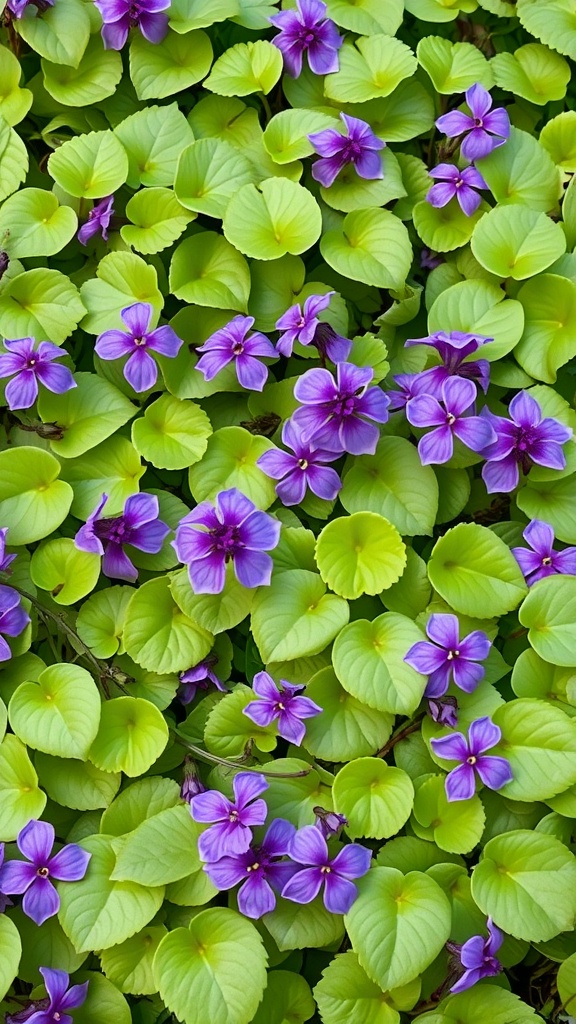 A close-up view of Creeping Charlie with vibrant purple flowers and bright green leaves.