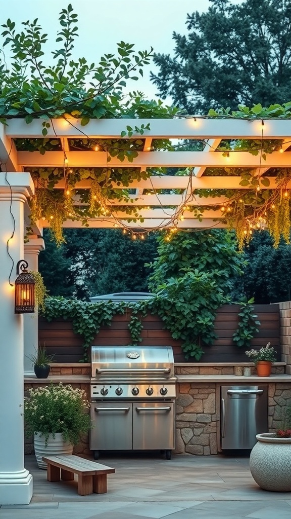 Stylish pergola with greenery and lights in a garden BBQ area
