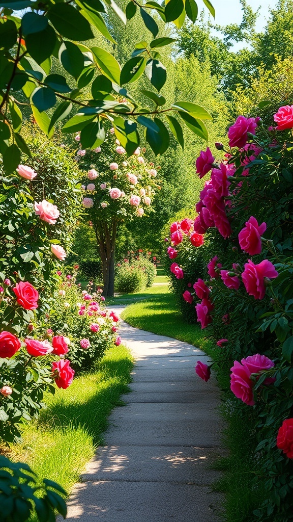 A picturesque pathway lined with blooming roses, leading through a lush garden.