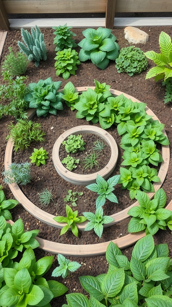 A spiral-shaped raised bed filled with various herbs, showcasing a lush green garden design.