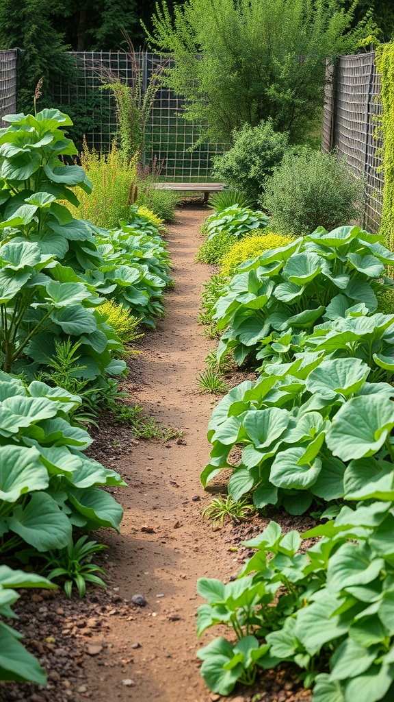 A pathway through a lush edible garden with large green leaves on either side.