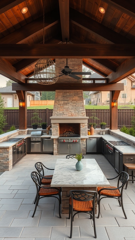 Multi-level outdoor kitchen with fireplace and dining area