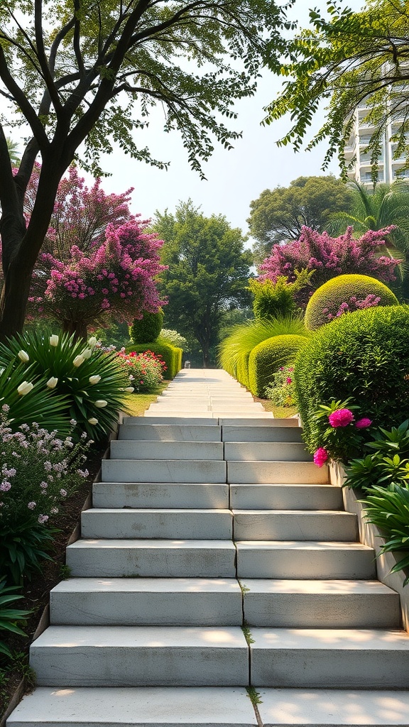 White stone steps leading through a vibrant garden with colorful flowers and lush greenery.