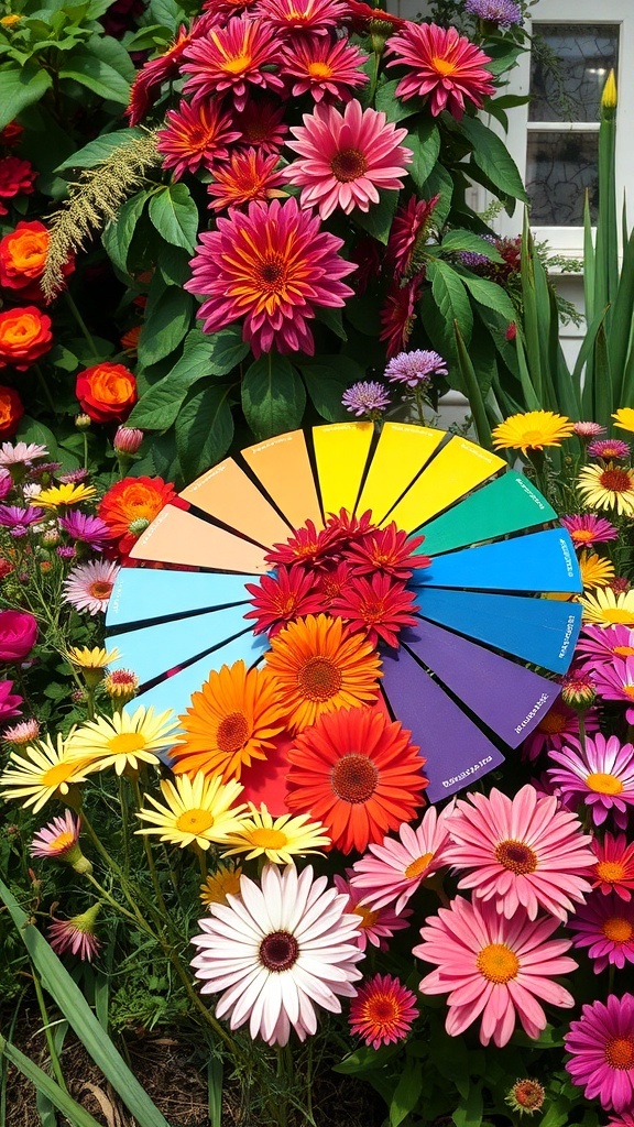 A vibrant flower garden with a color palette displayed among the blooms.
