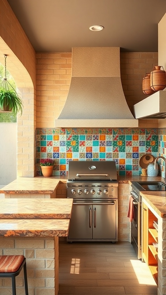 An outdoor kitchen featuring colorful tile accents on the backsplash, with a grill and countertops.