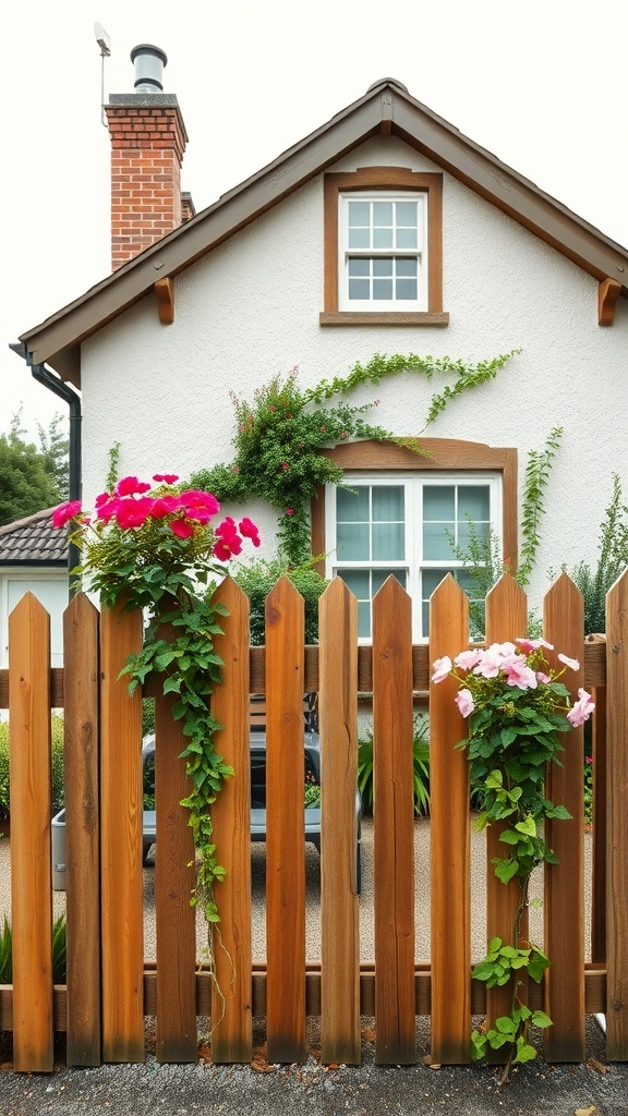 A rustic wooden fence with colorful flowers and climbing plants in front of a cottage.
