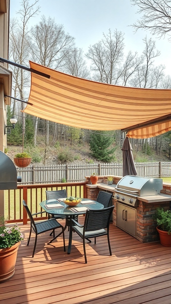 Outdoor kitchen on a deck with a retractable awning providing shade
