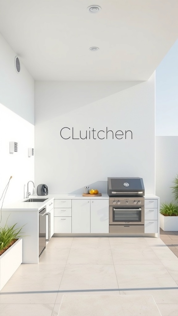 A modern outdoor kitchen with white cabinetry, a grill, and greenery.