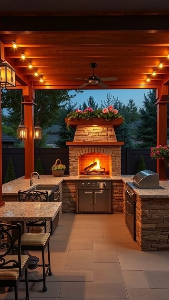 Outdoor kitchen with a pergola and fireplace, featuring stone and wood design, granite countertops, and cozy seating.
