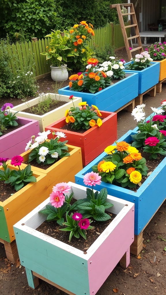 Colorful raised garden beds filled with flowers, featuring playful designs and bright colors.
