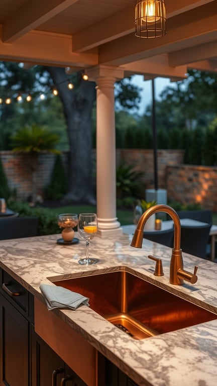 An elegant outdoor kitchen featuring a copper sink and a marbled countertop, illuminated by soft lighting.