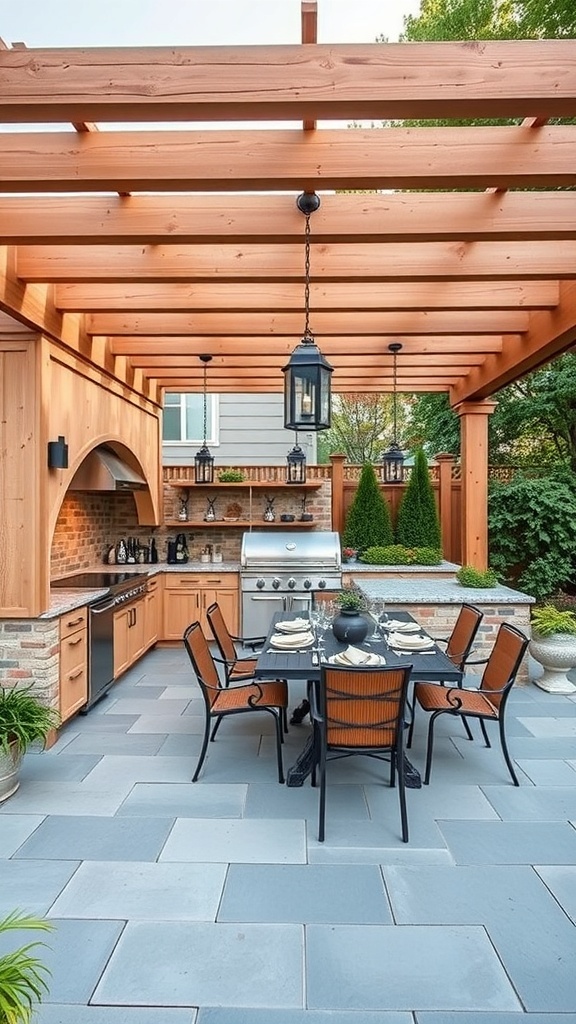 Outdoor dining area with a pergola, featuring a table set for meals and a nearby kitchen.