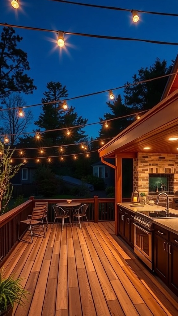 Outdoor kitchen on deck with stylish string lights illuminating the space
