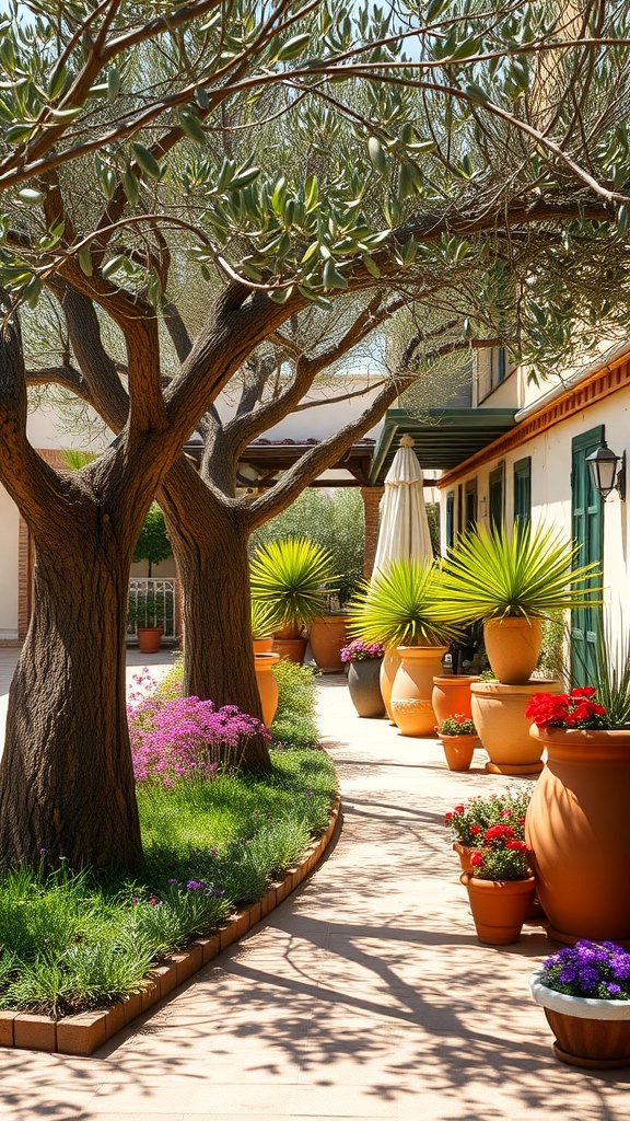 A Mediterranean garden featuring olive trees, colorful flower pots, and a winding path.