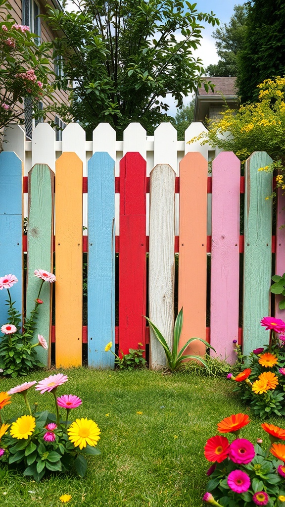 Colorful painted pallet fence with flowers in front