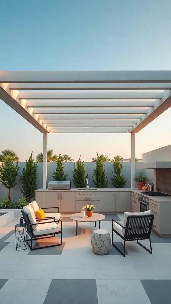 Modern minimalist outdoor kitchen with a pergola, featuring sleek furniture and greenery.