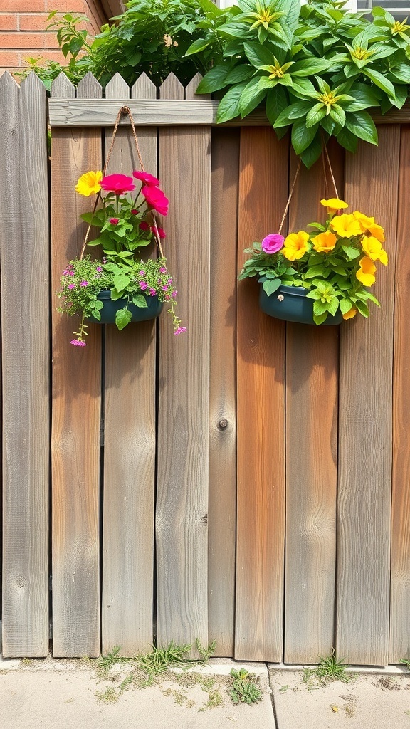 A rustic wooden fence with colorful hanging planters filled with flowers.