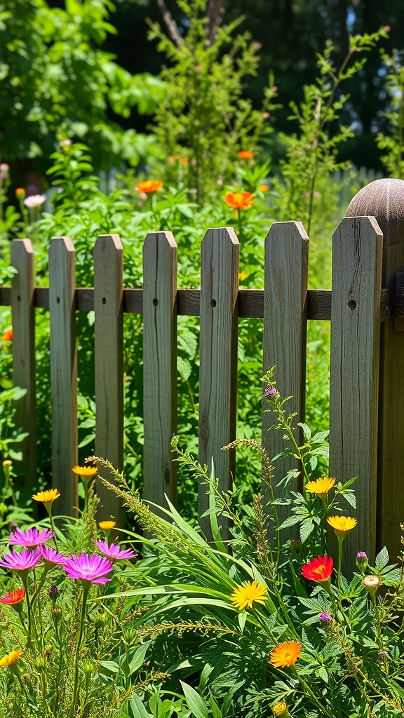A rustic wooden palisade fence surrounded by colorful flowers in a garden.